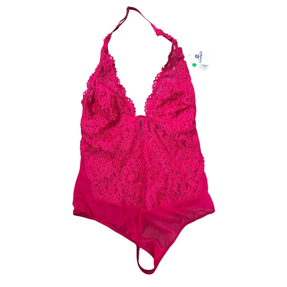 b.tempt'd by Wacoal Hot Pink Mesh Lace Thong Halter Bodysuit Size Large Sexy